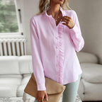 Women's long-sleeve blouse with ruffle neckline and front panel