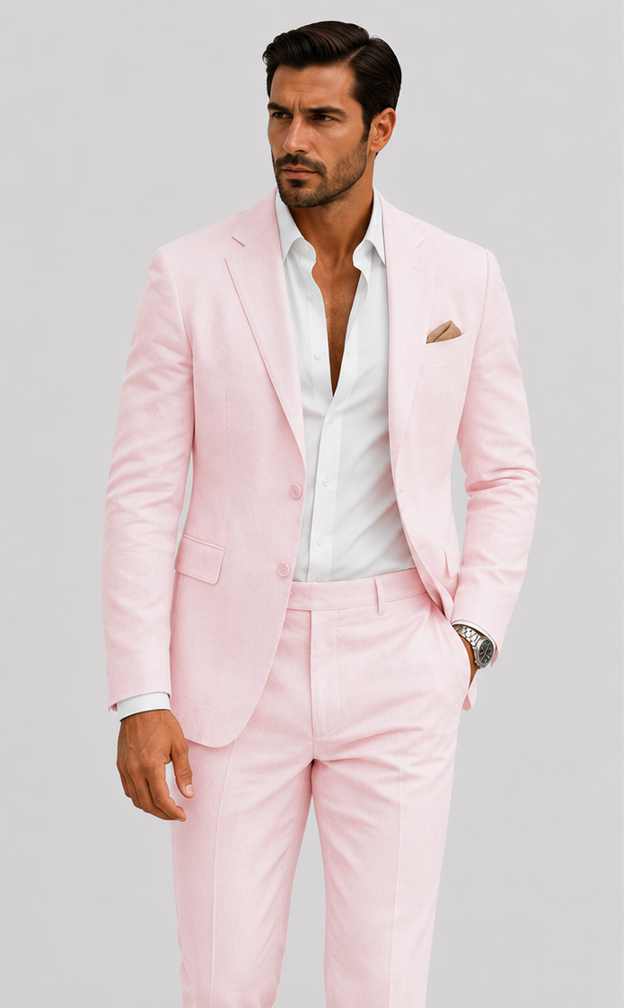 Men's tailored two-piece suit with notched lapels and matching trousers