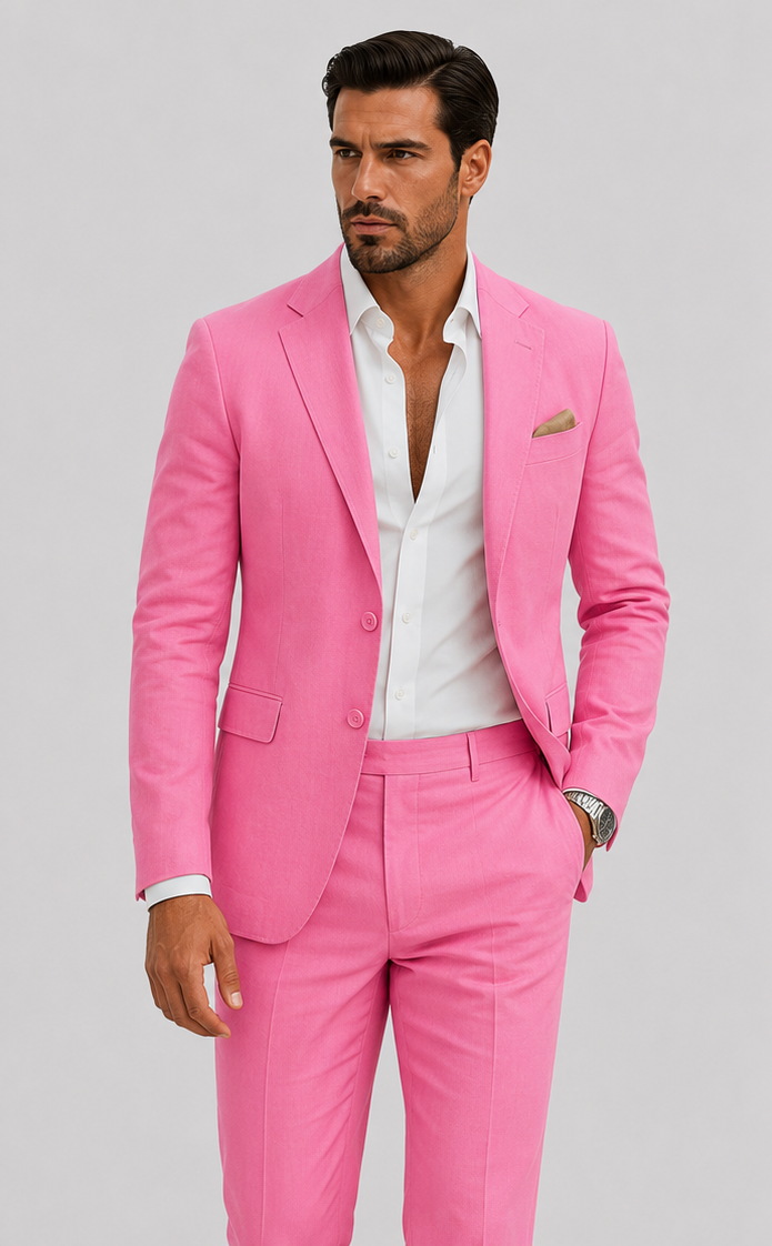 Men's tailored two-piece suit with notched lapels and matching trousers