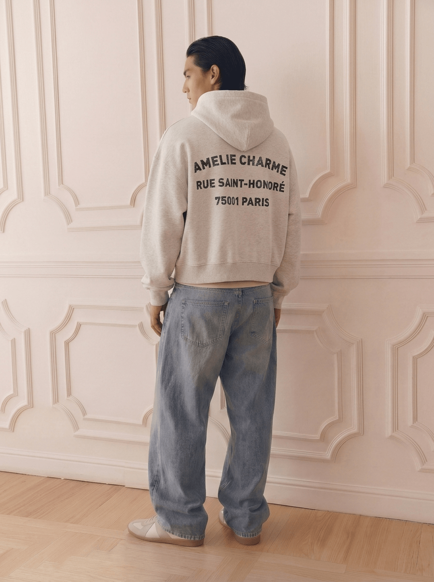 Grey graphic pullover hoodie with hood and back text print
