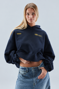 Women's oversized cropped hoodie with hood, long sleeves, ribbed trims and chest graphics