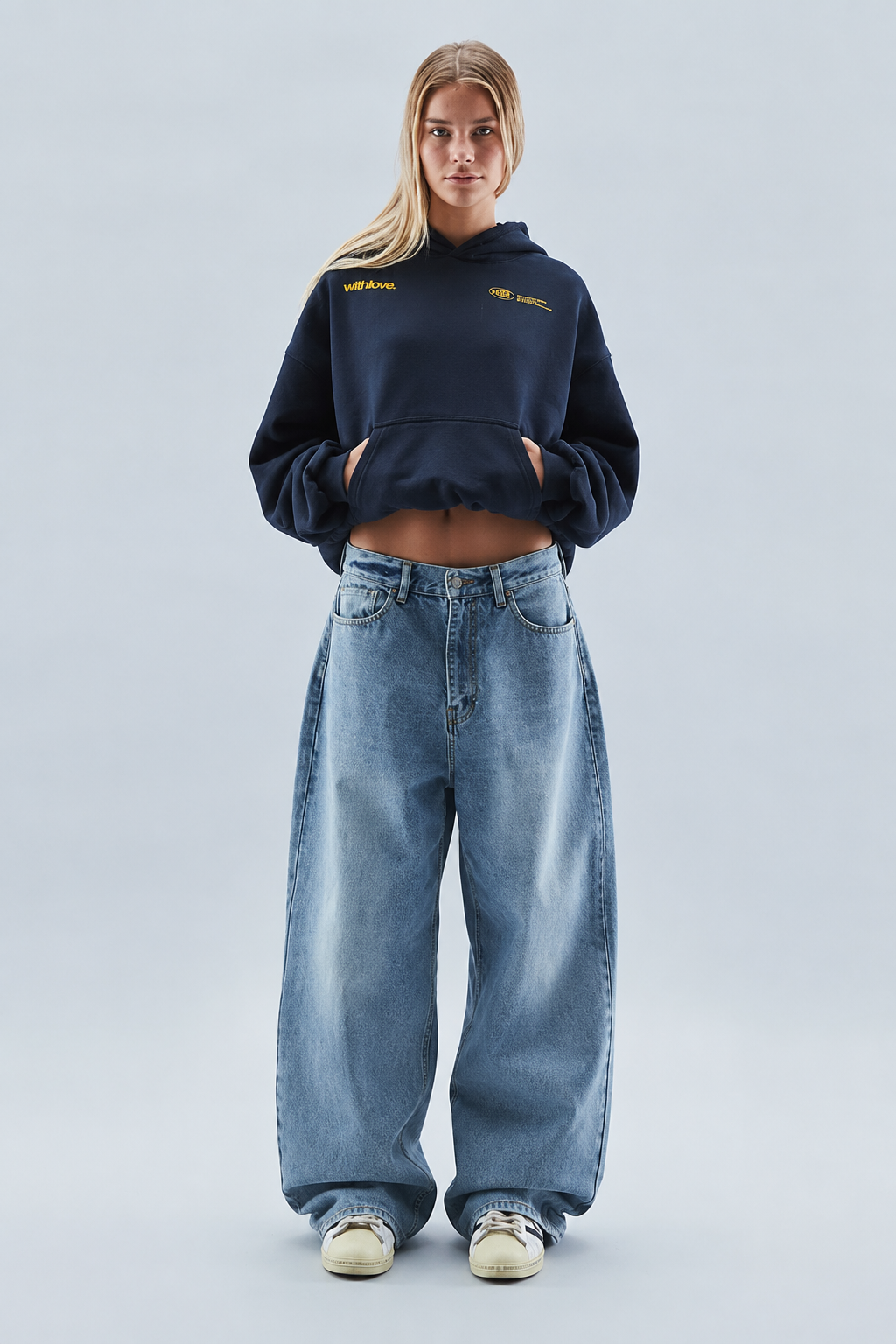 Women's oversized cropped hoodie with hood, long sleeves, ribbed trims and chest graphics