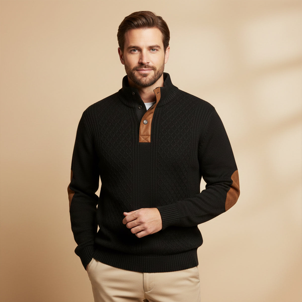 Men's textured knit sweater with mock neck, button placket and elbow patches
