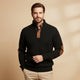 Men's textured knit sweater with mock neck, button placket and elbow patches