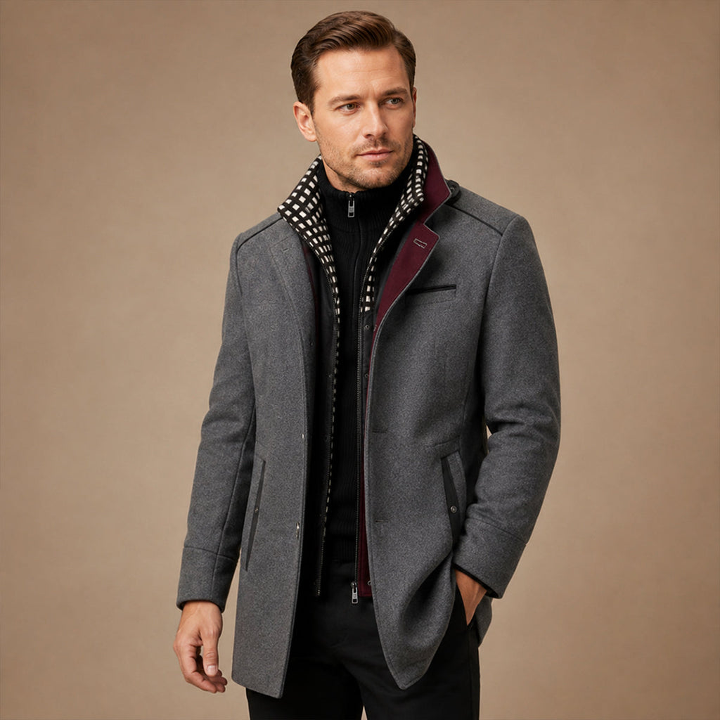 Men's long trench coat with stand collar and contrasting trim