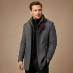 Men's long trench coat with stand collar and contrasting trim