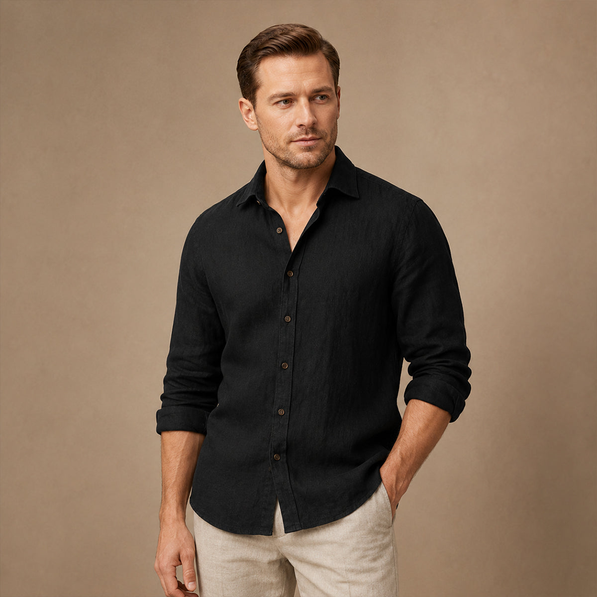 Men's long sleeve textured shirt with pointed collar and button front
