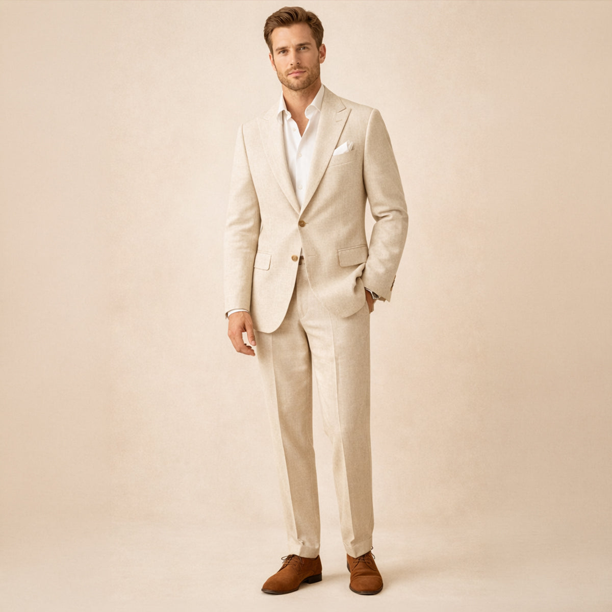 Men's two-piece single-breasted suit with notched lapels and tailored trousers