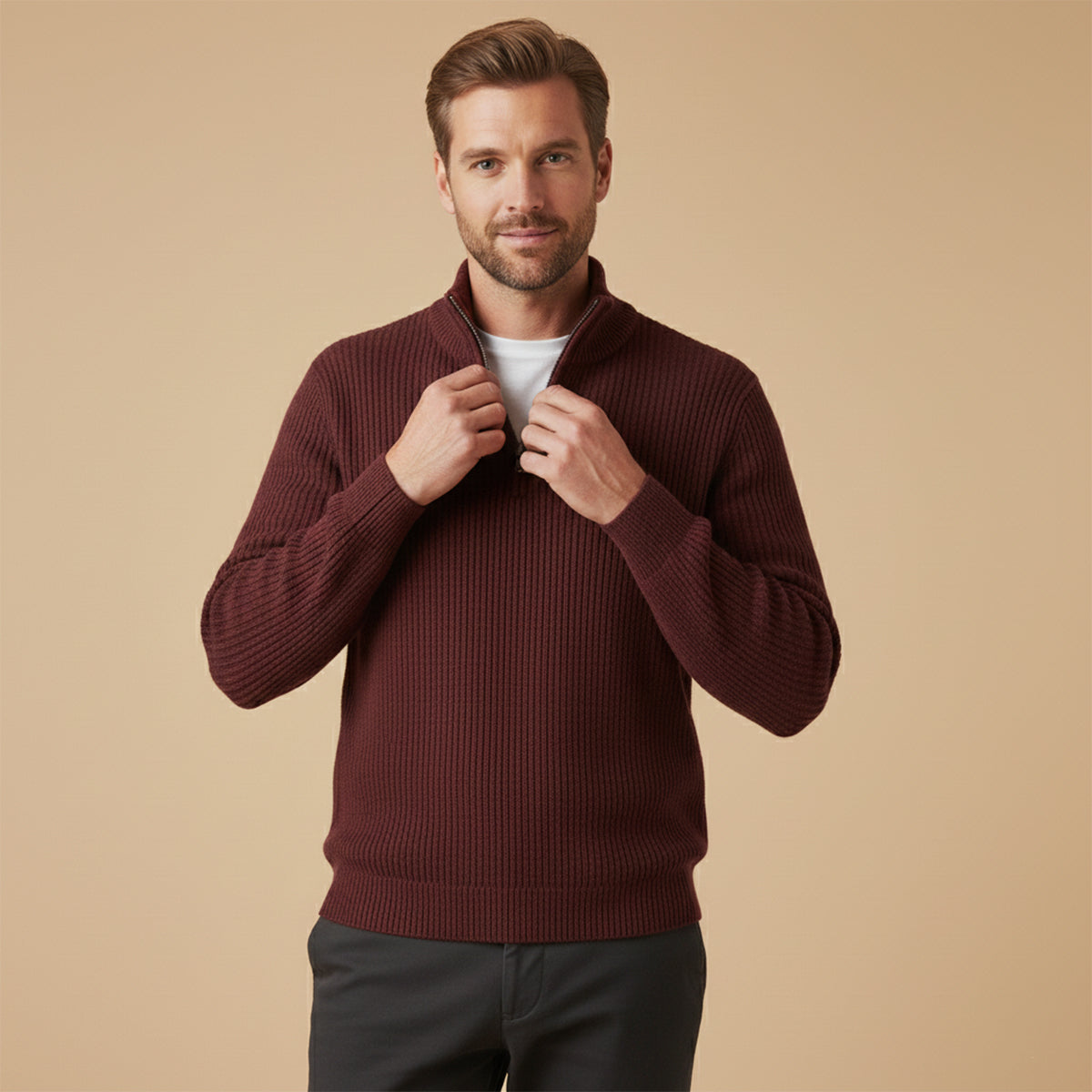 Men's ribbed half zip sweater with high neck and long sleeves