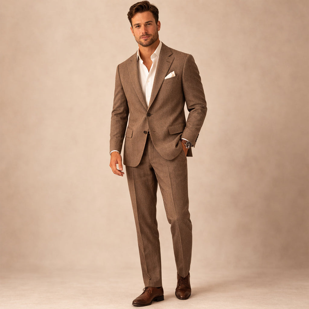 Men's two-piece single-breasted suit with notched lapels and tailored trousers