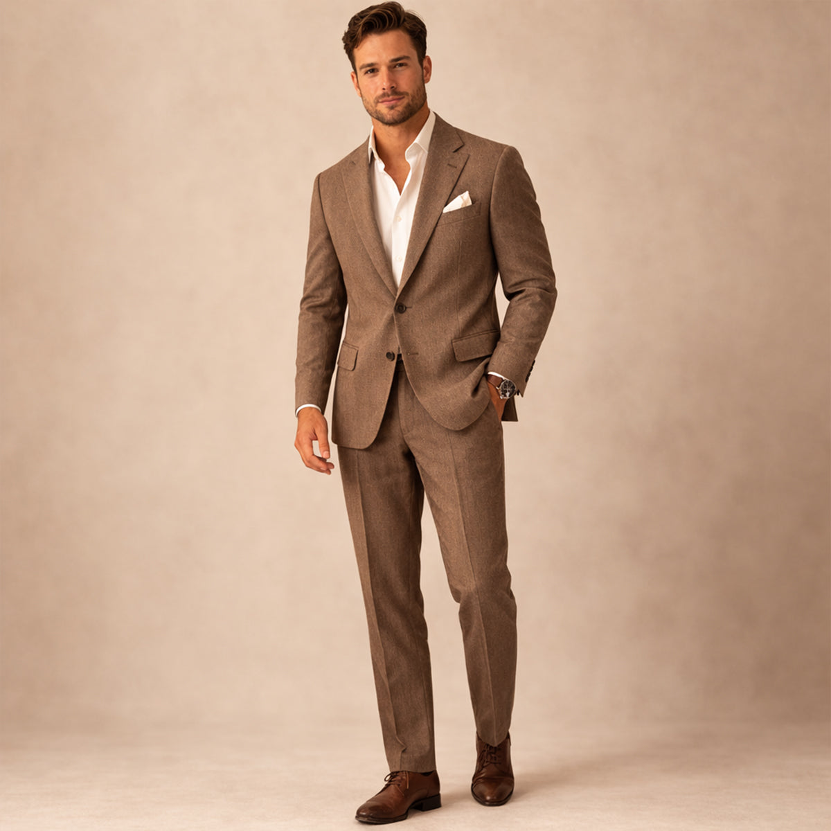Men's two-piece single-breasted suit with notched lapels and tailored trousers
