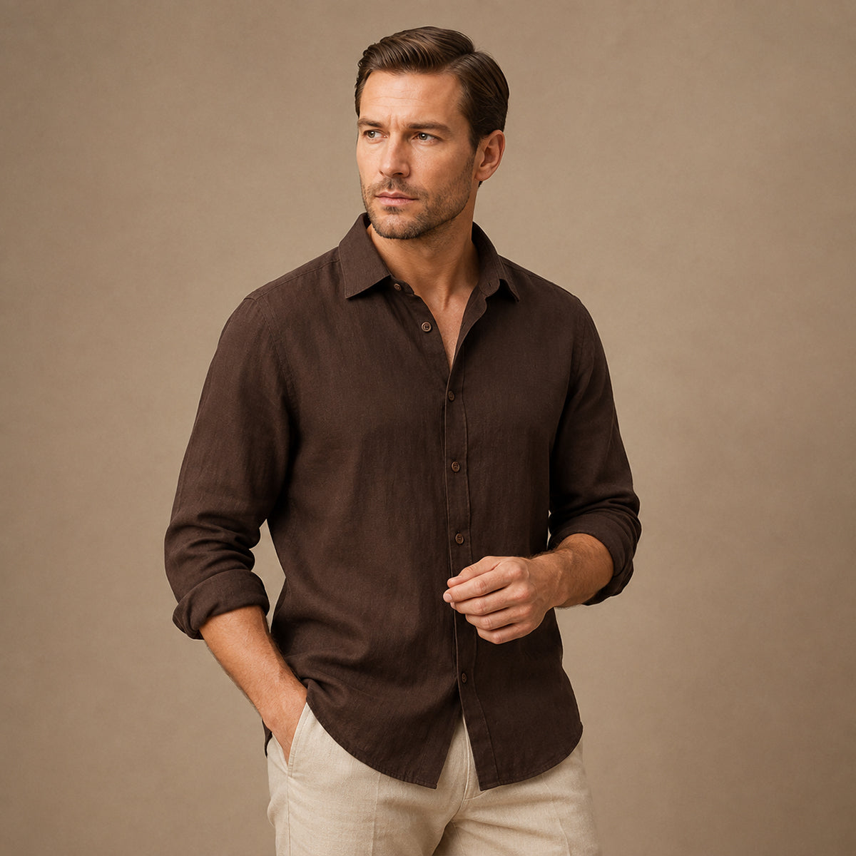 Men's long sleeve textured shirt with pointed collar and button front