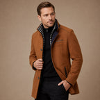 Men's long trench coat with stand collar and contrasting trim
