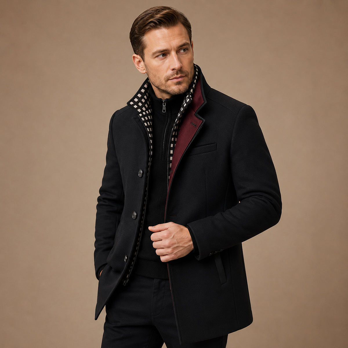 Men's long trench coat with stand collar and contrasting trim
