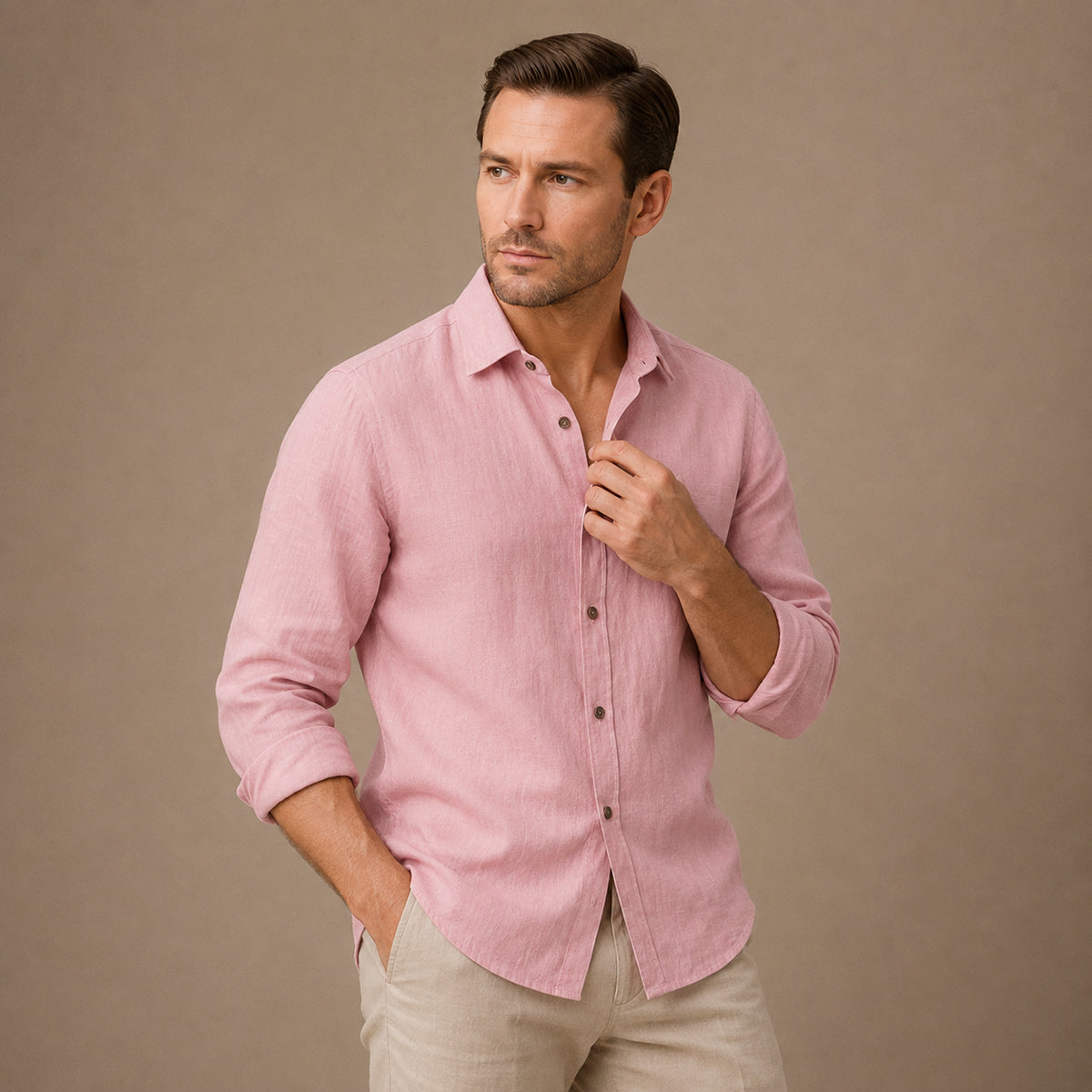 Men's long sleeve textured shirt with pointed collar and button front