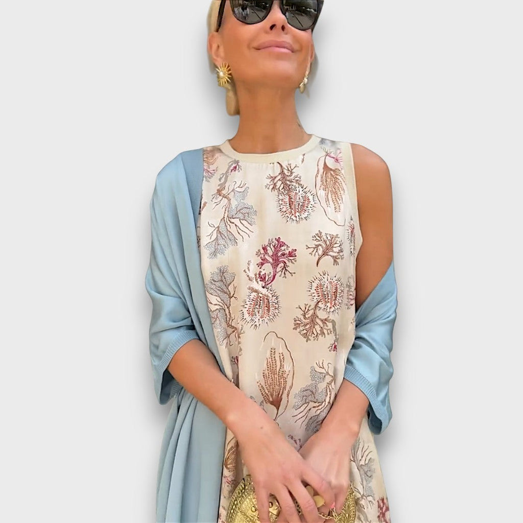 Women's floral maxi dress with long open-front cardigan