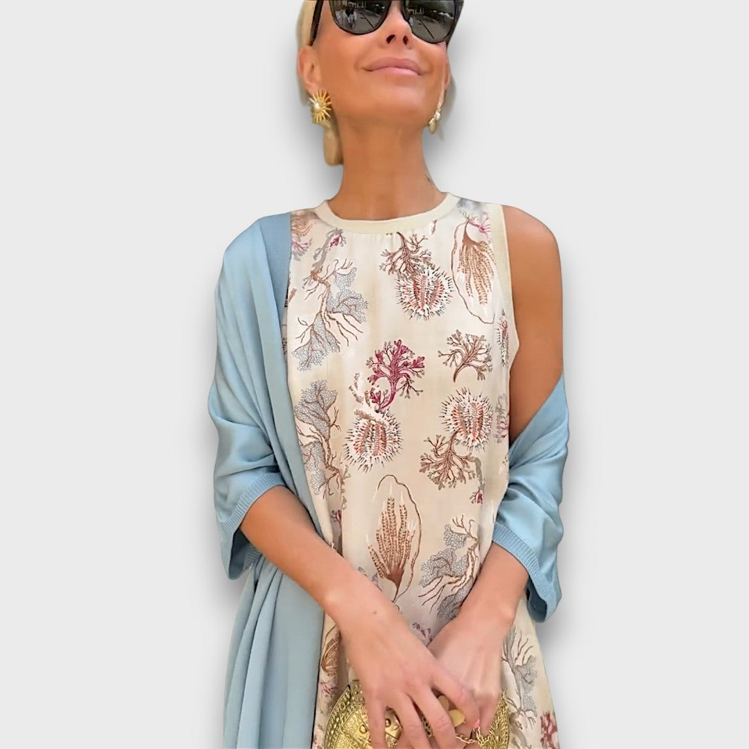 Women's floral maxi dress with long open-front cardigan