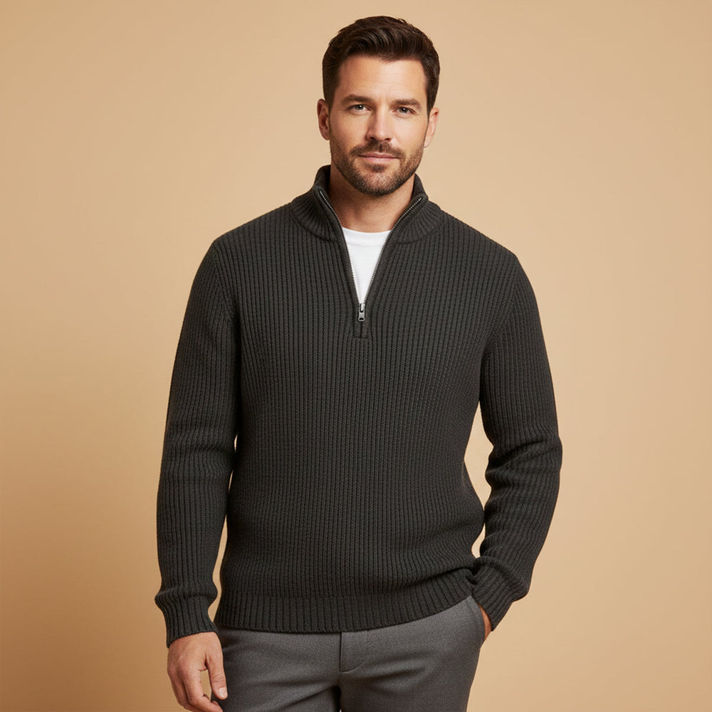 Men's ribbed half zip sweater with high neck and long sleeves