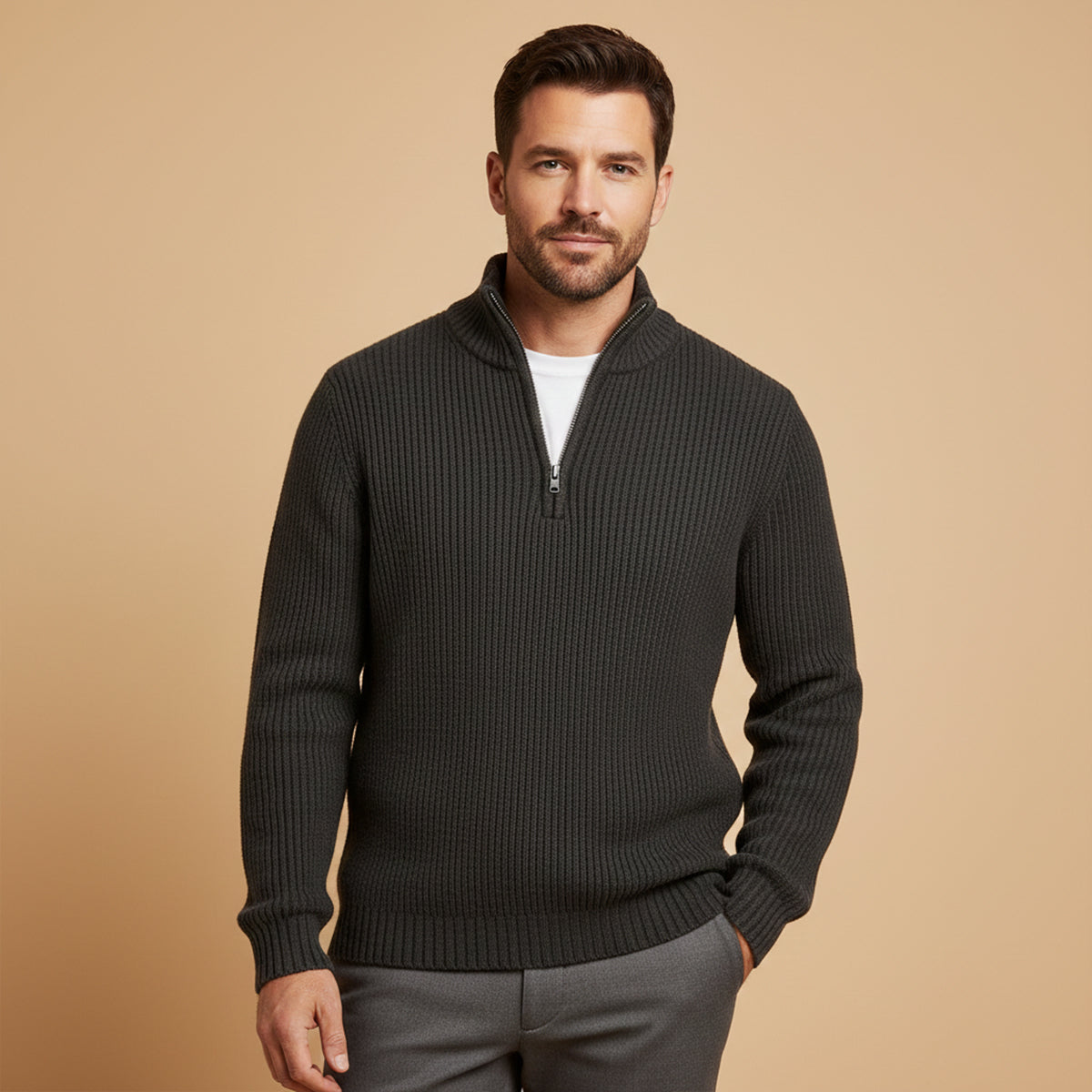 Men's ribbed half zip sweater with high neck and long sleeves