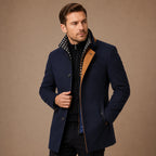 Men's long trench coat with stand collar and contrasting trim