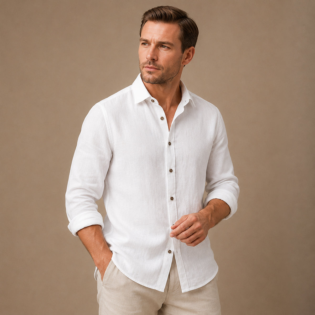 Men's long sleeve textured shirt with pointed collar and button front