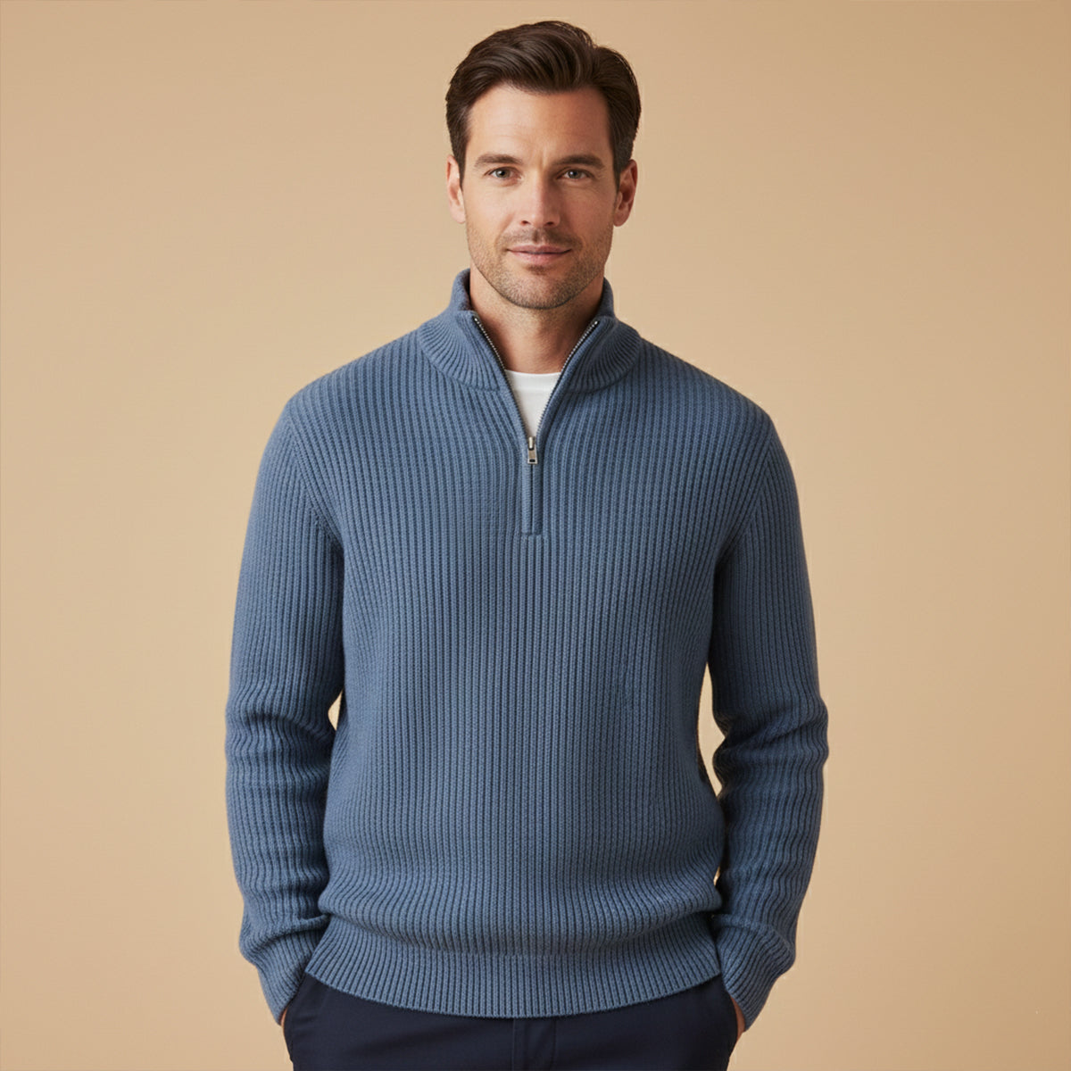 Men's ribbed half zip sweater with high neck and long sleeves