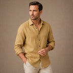 Men's long sleeve textured shirt with pointed collar and button front