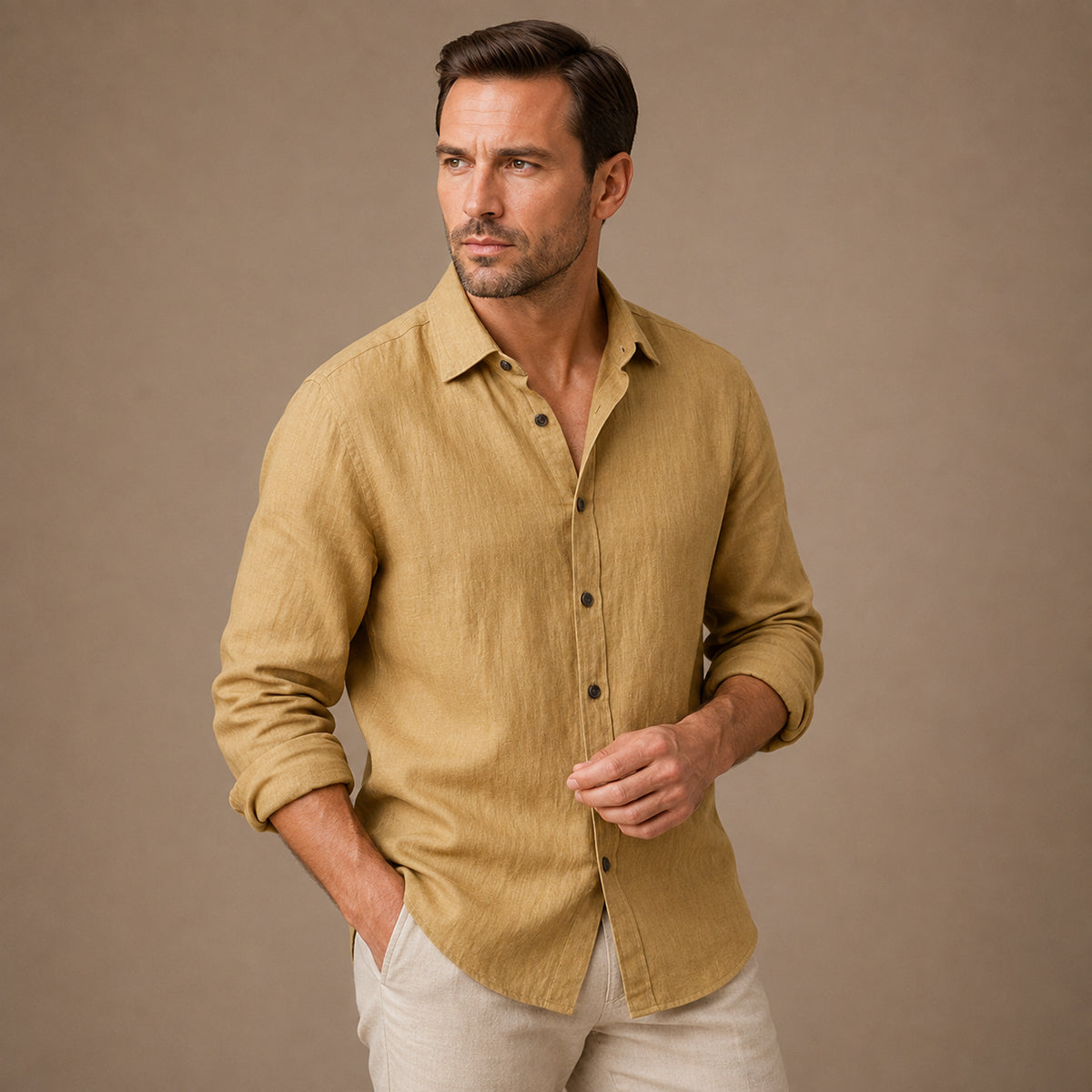 Men's long sleeve textured shirt with pointed collar and button front