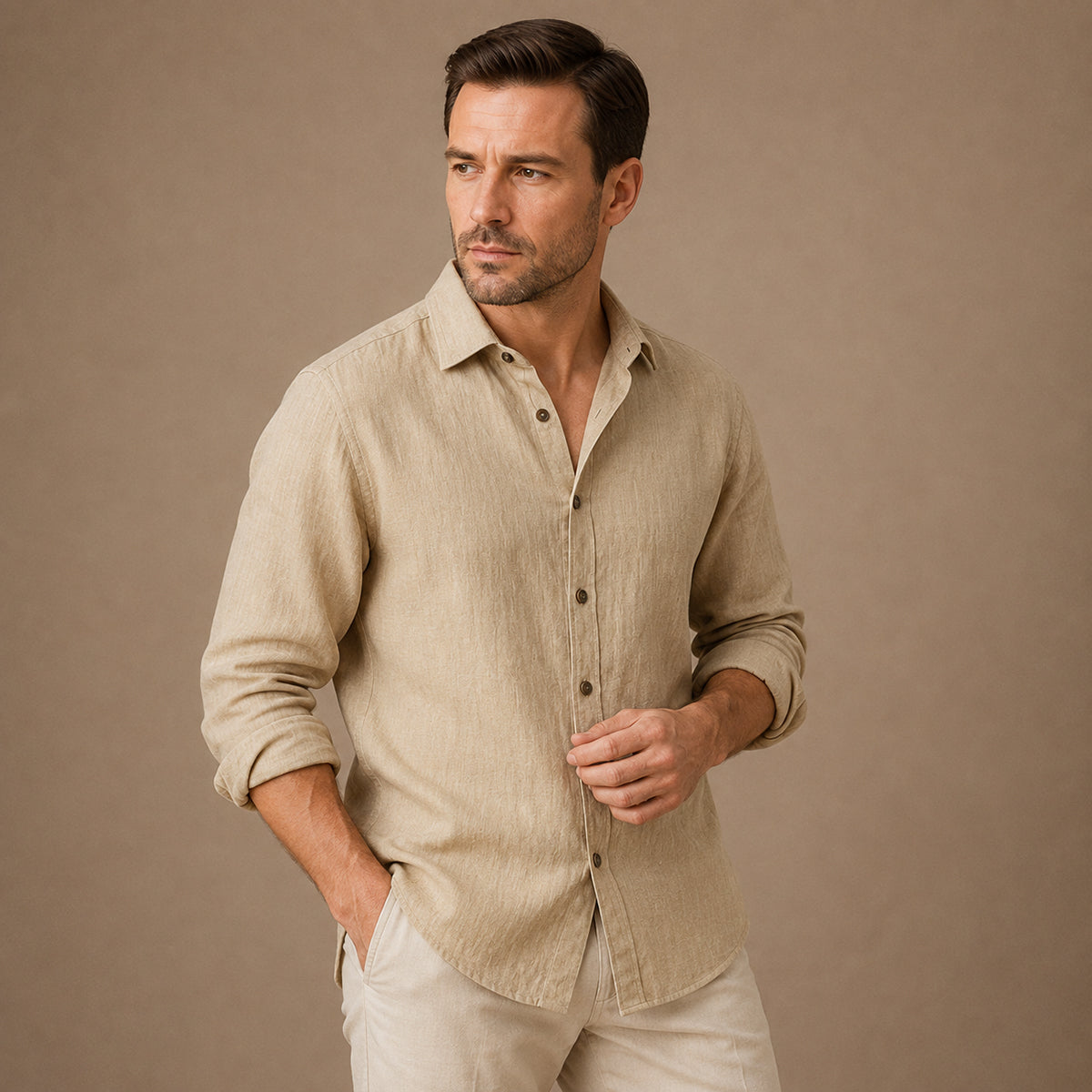 Men's long sleeve textured shirt with pointed collar and button front