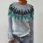 Women's grey Fair Isle boat neck sweater with long sleeves