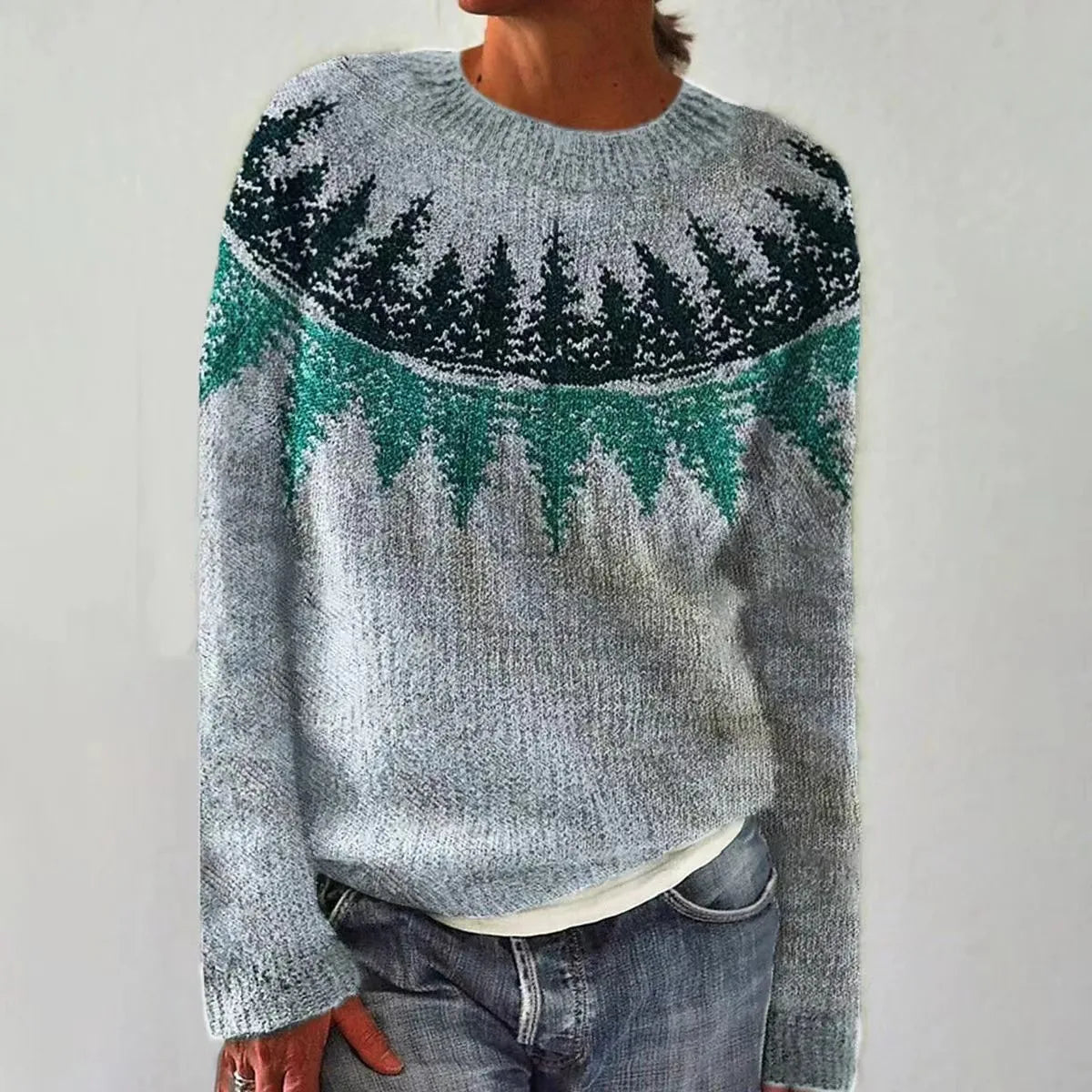 Women's grey Fair Isle boat neck sweater with long sleeves