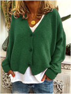 Women's plain knit V-neck cardigan with long sleeves and button fastening
