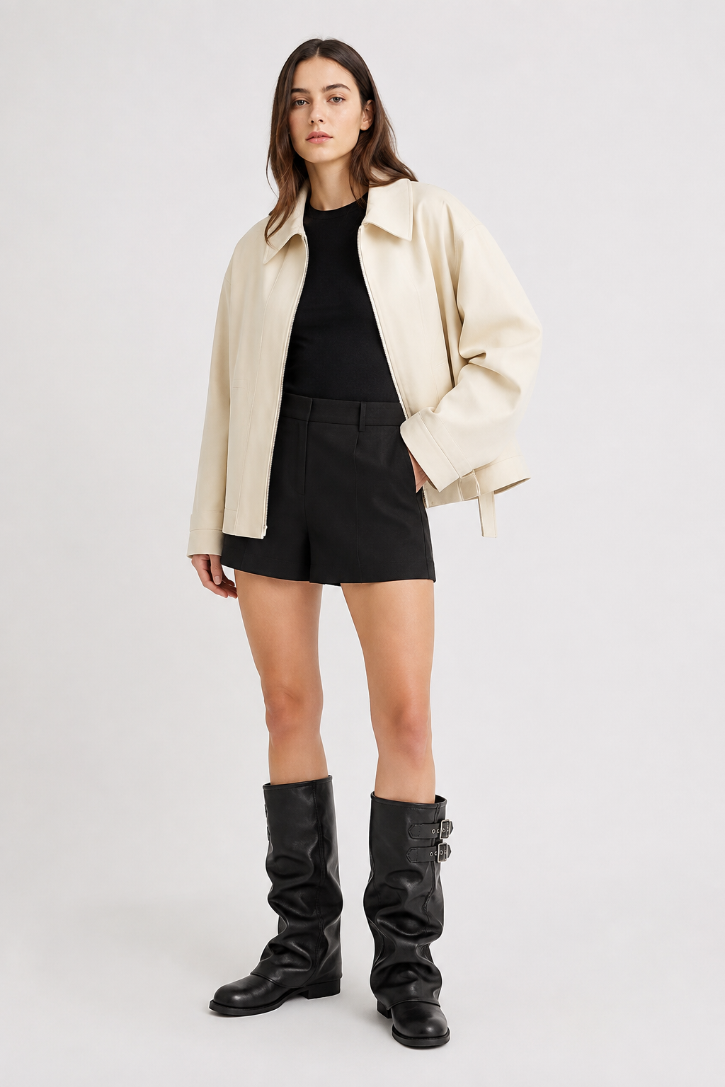 Women's slouch knee-high boots with twin buckle straps, round toes and low heels