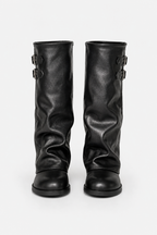 Women's slouch knee-high boots with twin buckle straps, round toes and low heels