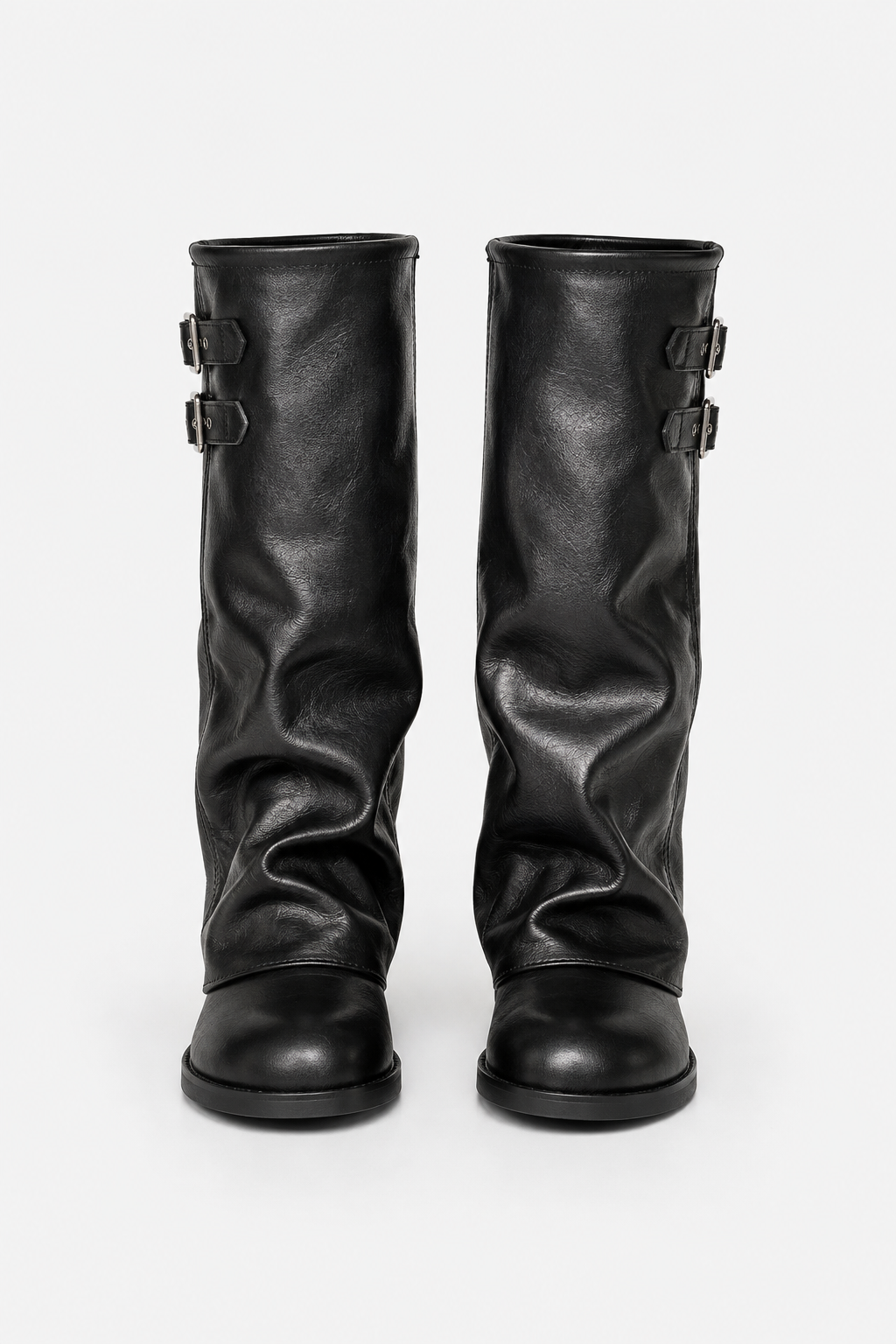 Women's slouch knee-high boots with twin buckle straps, round toes and low heels
