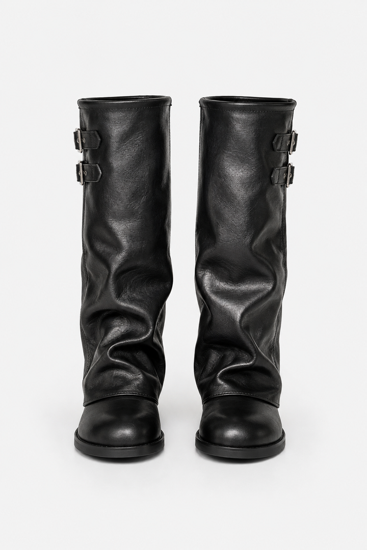 Women's slouch knee-high boots with twin buckle straps, round toes and low heels