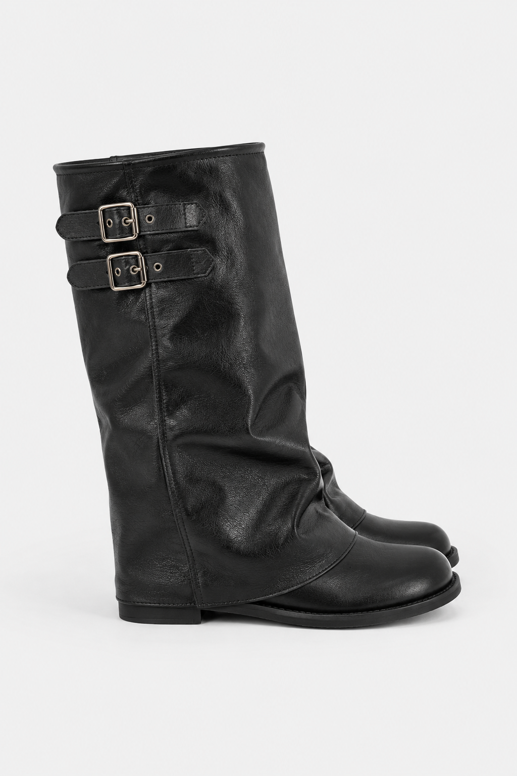 Women's slouch knee-high boots with twin buckle straps, round toes and low heels