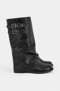 Women's slouch knee-high boots with twin buckle straps, round toes and low heels