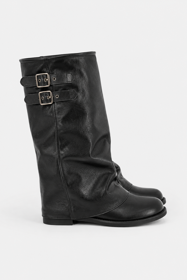 Women's slouch knee-high boots with twin buckle straps, round toes and low heels