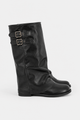 Women's slouch knee-high boots with twin buckle straps, round toes and low heels