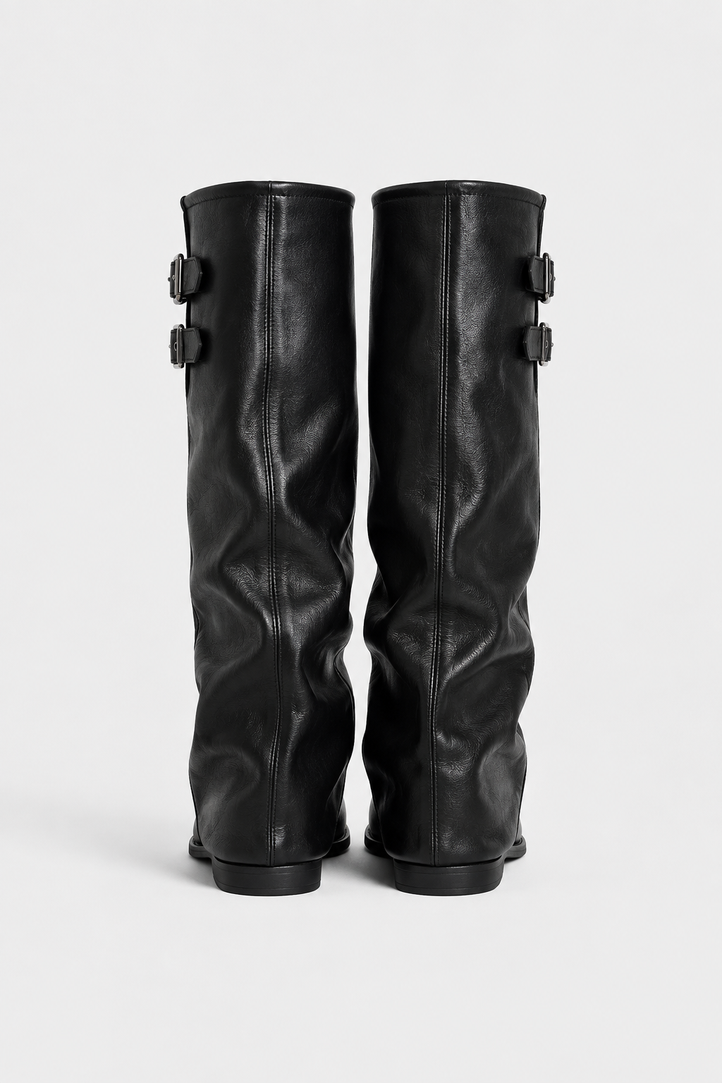 Women's slouch knee-high boots with twin buckle straps, round toes and low heels