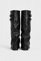 Women's slouch knee-high boots with twin buckle straps, round toes and low heels