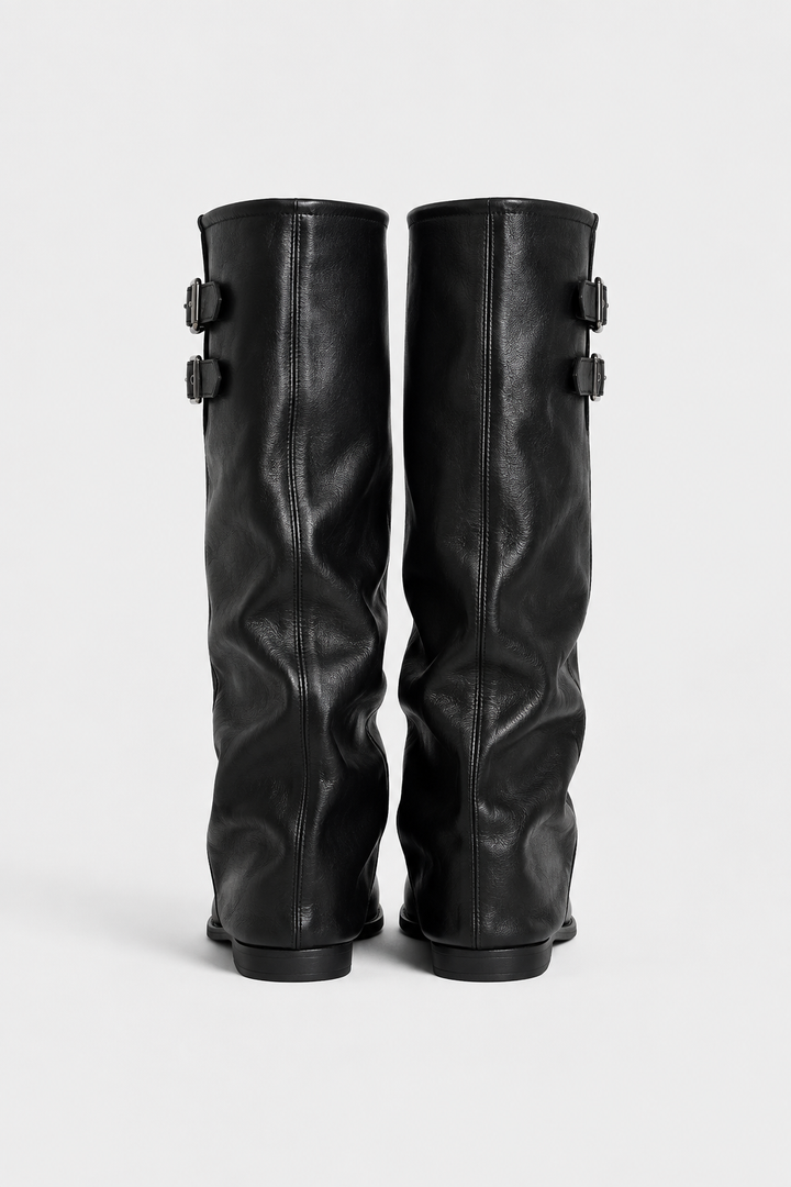 Women's slouch knee-high boots with twin buckle straps, round toes and low heels