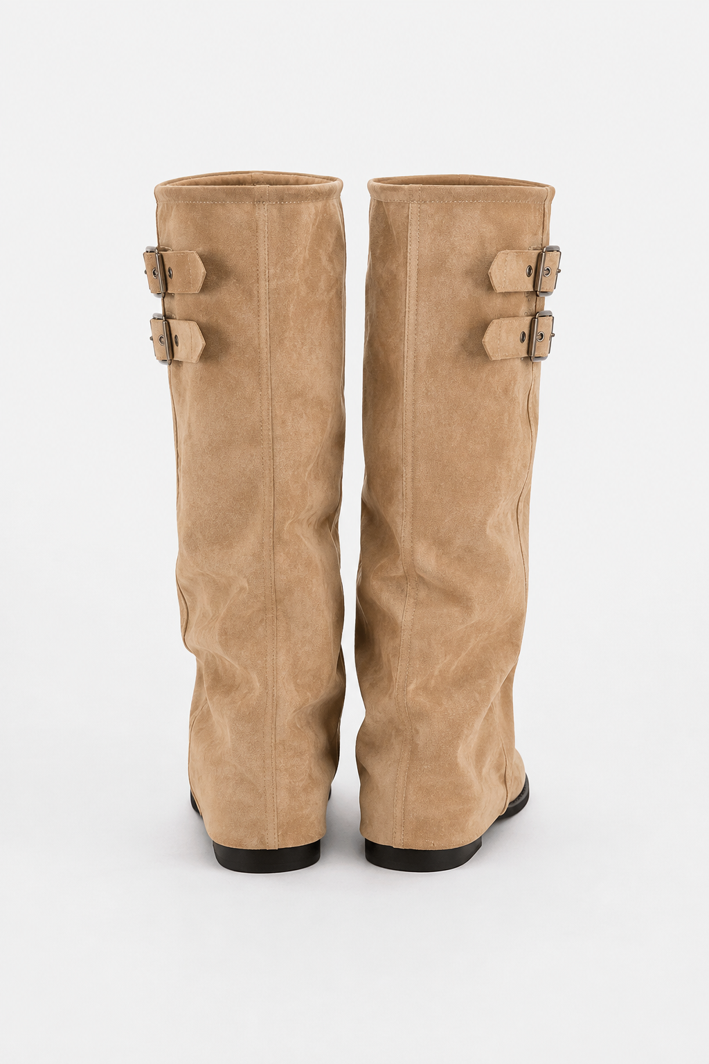 Women's slouch knee-high boots with twin buckle straps, round toes and low heels