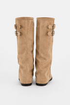 Women's slouch knee-high boots with twin buckle straps, round toes and low heels