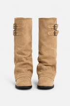 Women's slouch knee-high boots with twin buckle straps, round toes and low heels