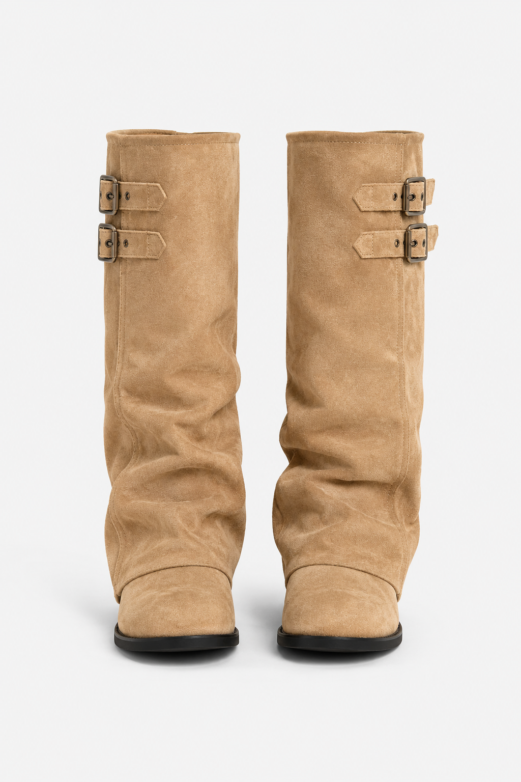 Women's slouch knee-high boots with twin buckle straps, round toes and low heels
