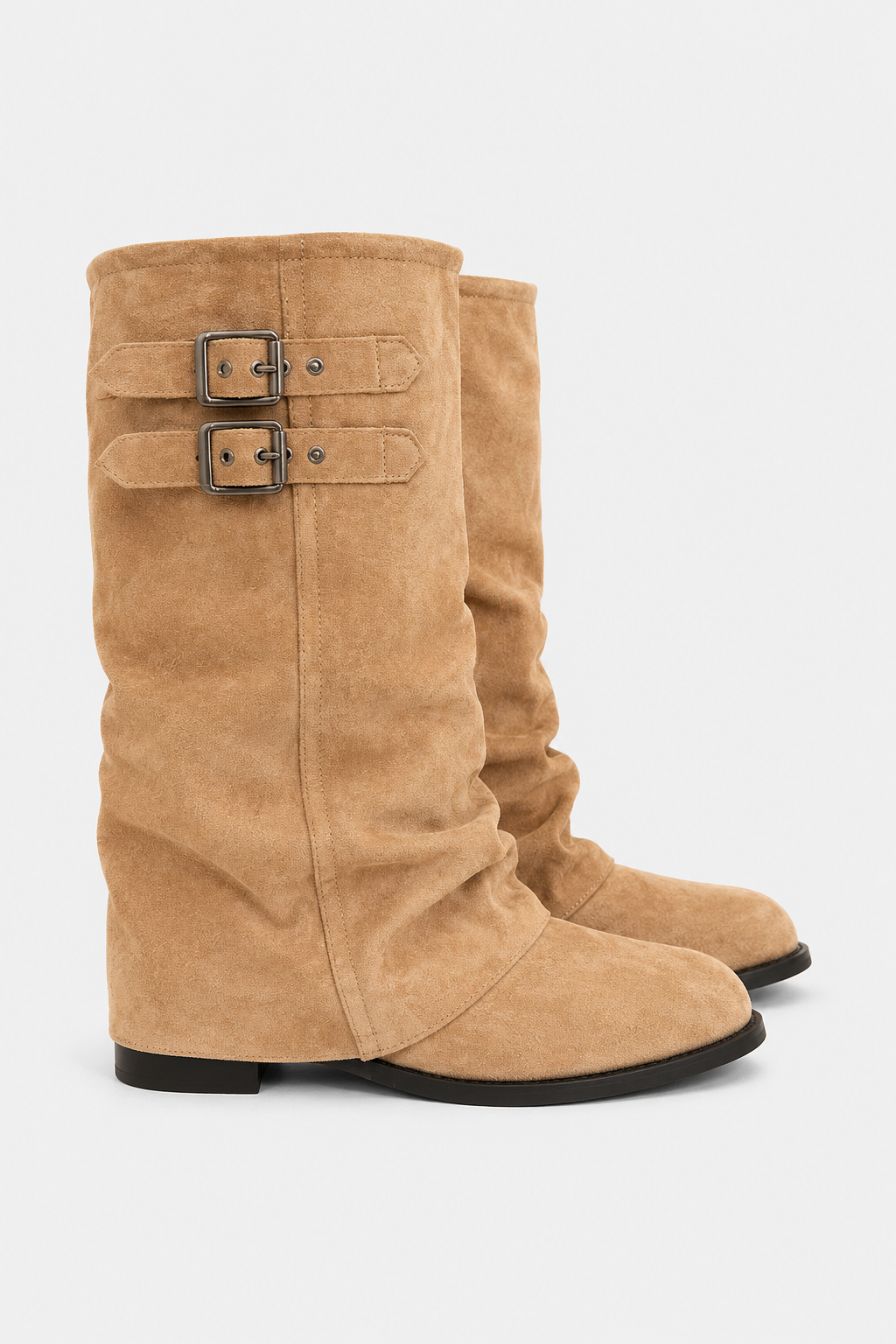 Women's slouch knee-high boots with twin buckle straps, round toes and low heels