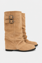Women's slouch knee-high boots with twin buckle straps, round toes and low heels