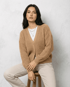 Women's textured V-neck cardigan with pearl-style trim and buttons